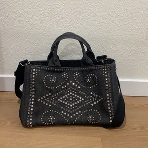 Prada denim crystal studded canapa tote black